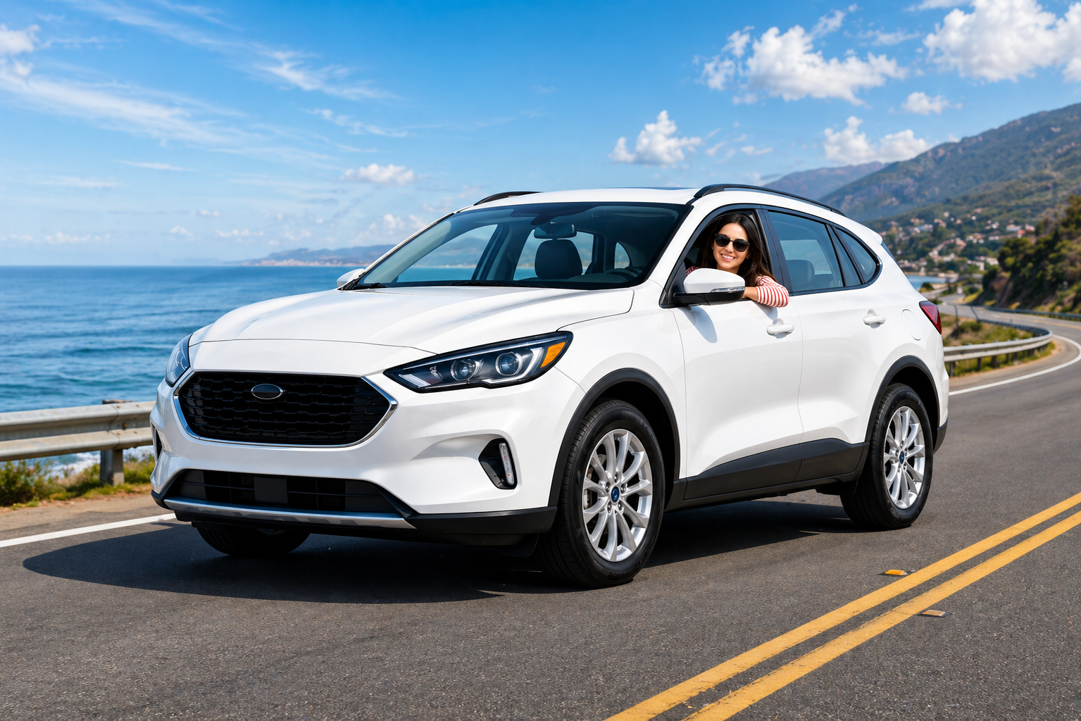 Happy driver in white SUV